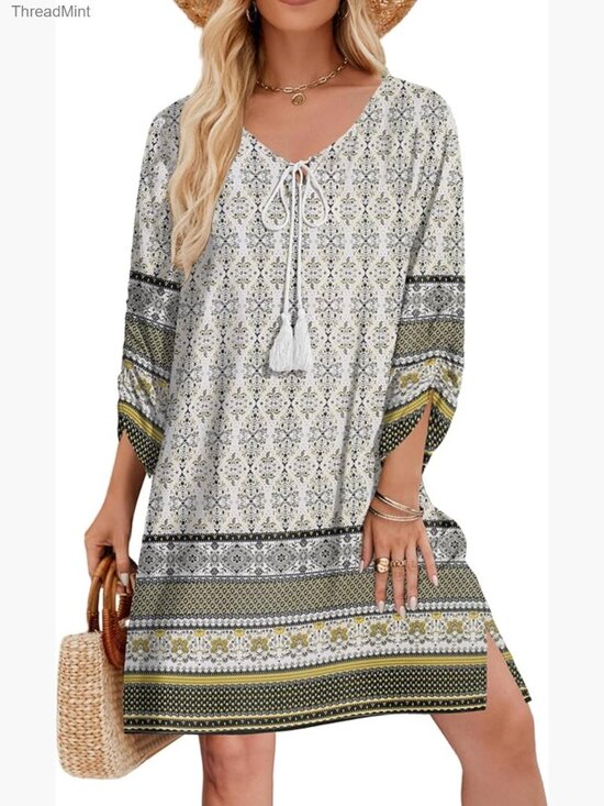 Dresses & Skirts - Rayon Boho Floral Mini Dress 3/4 Sleeve Tassel Tie Neck Casual Beach